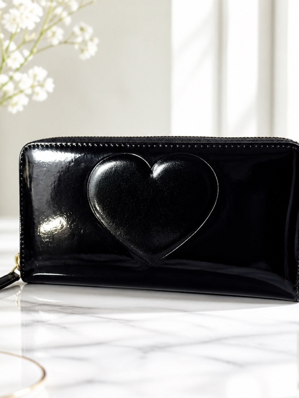Betsey Johnson Black Patent Zip-Around Wallet with Gold Plate - Picture 2 of 6